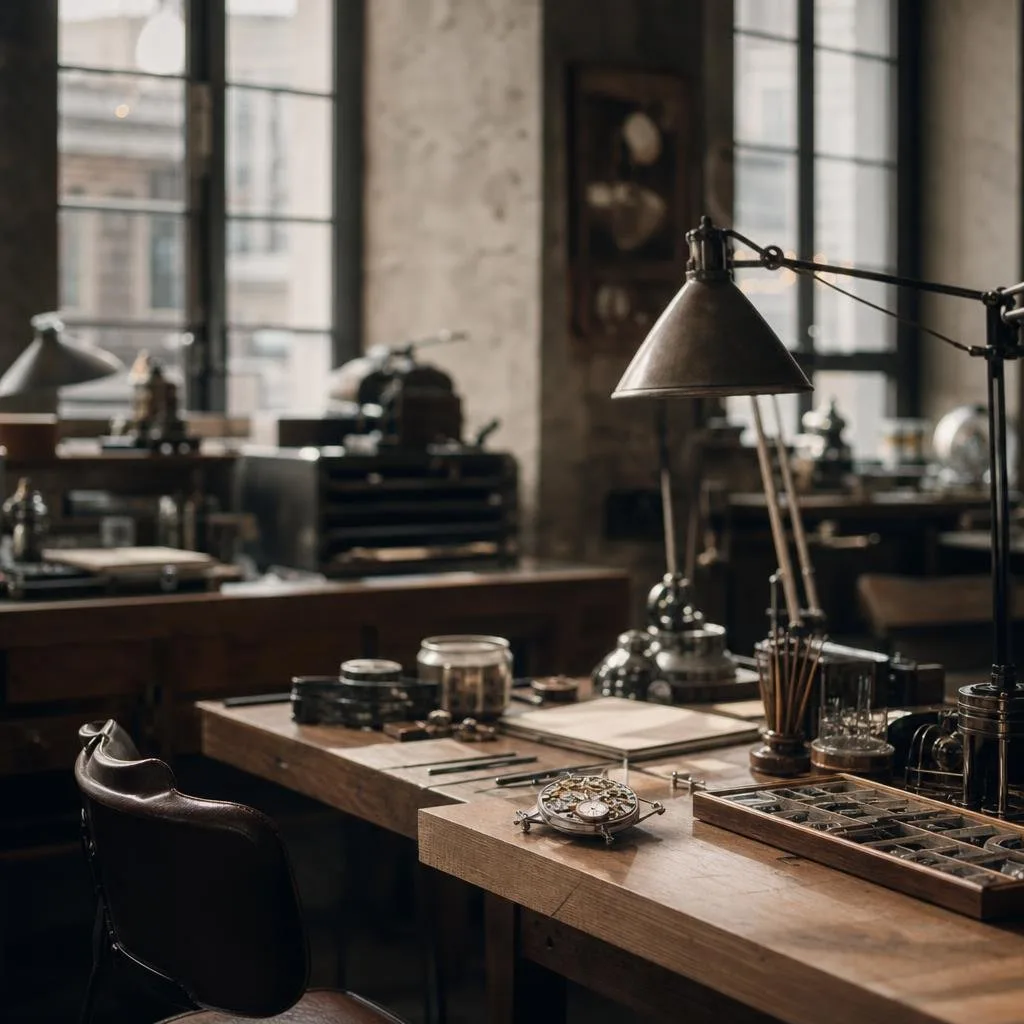 A watchmaker regulating a movement under warm bench light