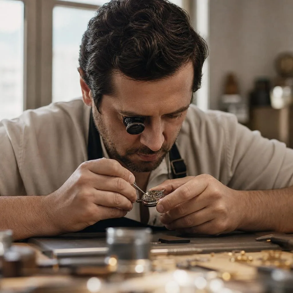 A watchmaker's bench with loupe, movement, and fine tools