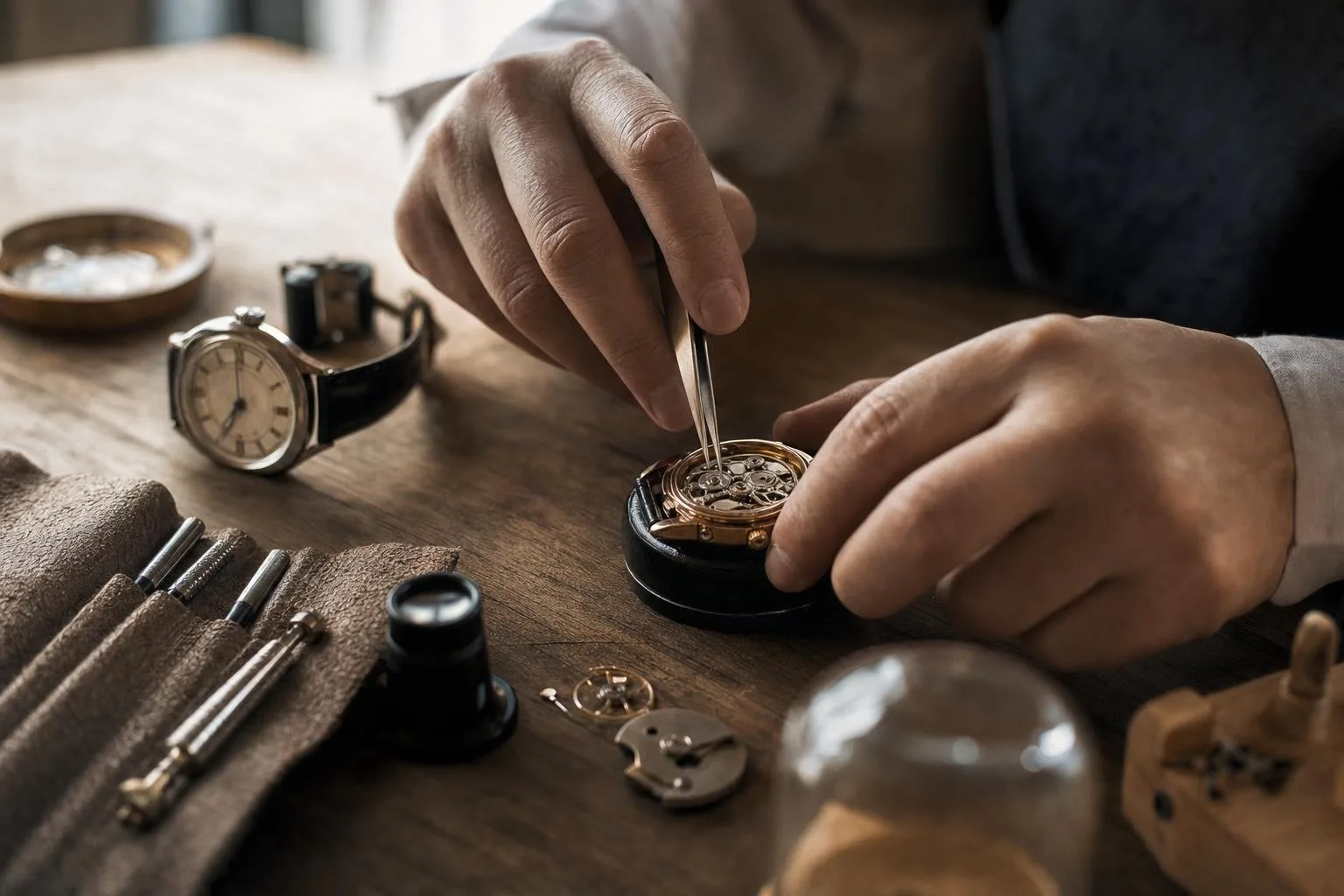 A luxury mechanical watch resting on a dark textured surface